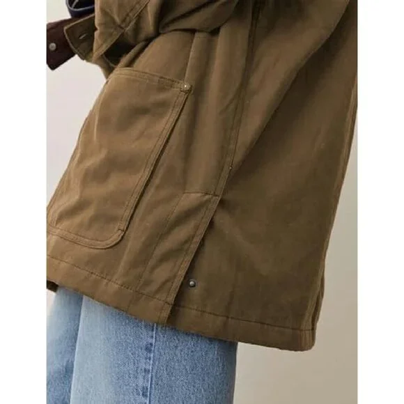 Oversized Cotton Barn Jacket with Corduroy Collar and Pockets - Picture 4 of 8